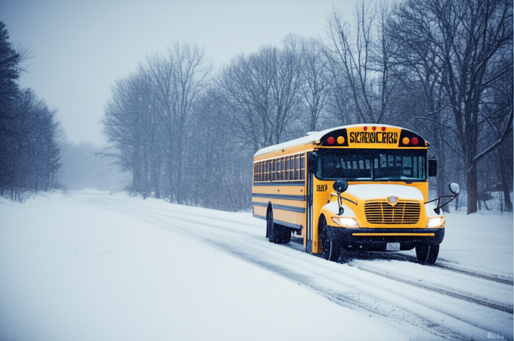 Historical snow data visualization with school bus in winter